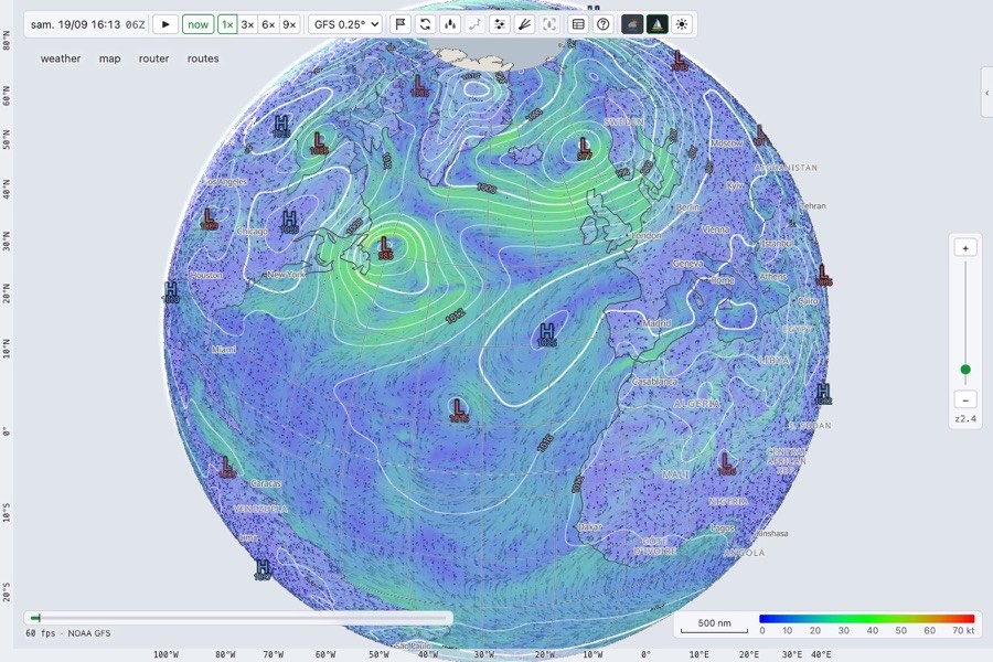 Le globe avec le vent et les isobares