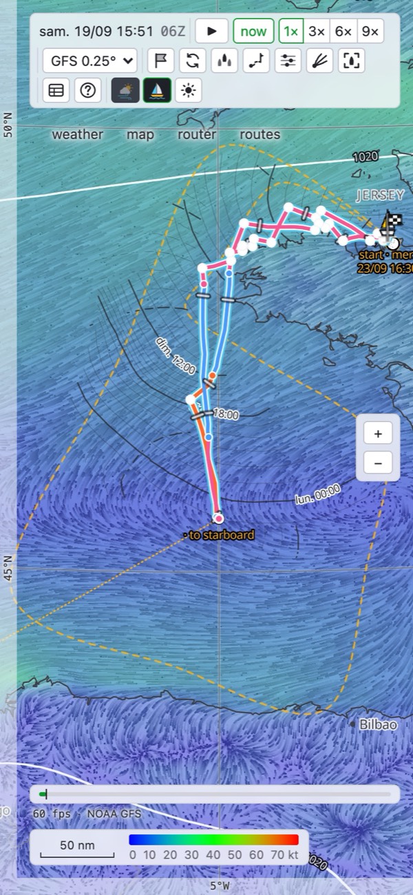 L’app sur un téléphone : la même route au large de la Bretagne